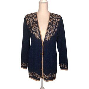 Vintage JACLYN SMITH Sz SP Women's Metallic Blue Gold Pearl Cardigan Sweater